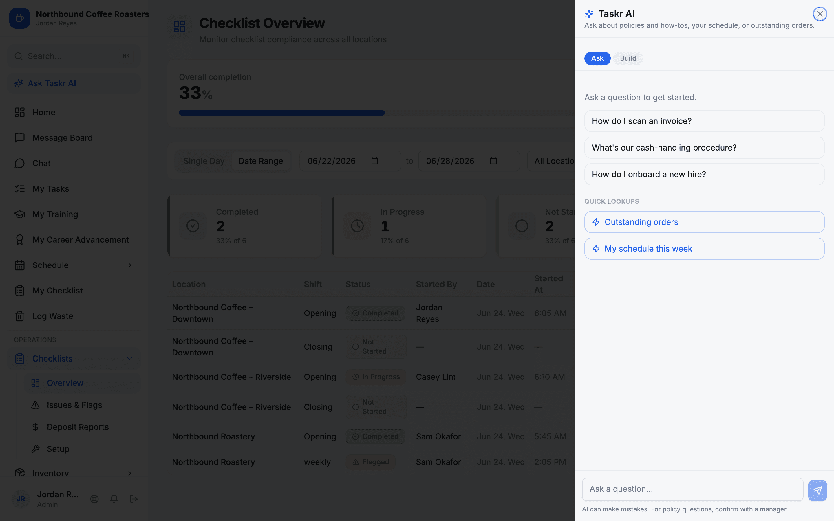 Coffee Regent AI assistant panel with suggested questions and live data lookups